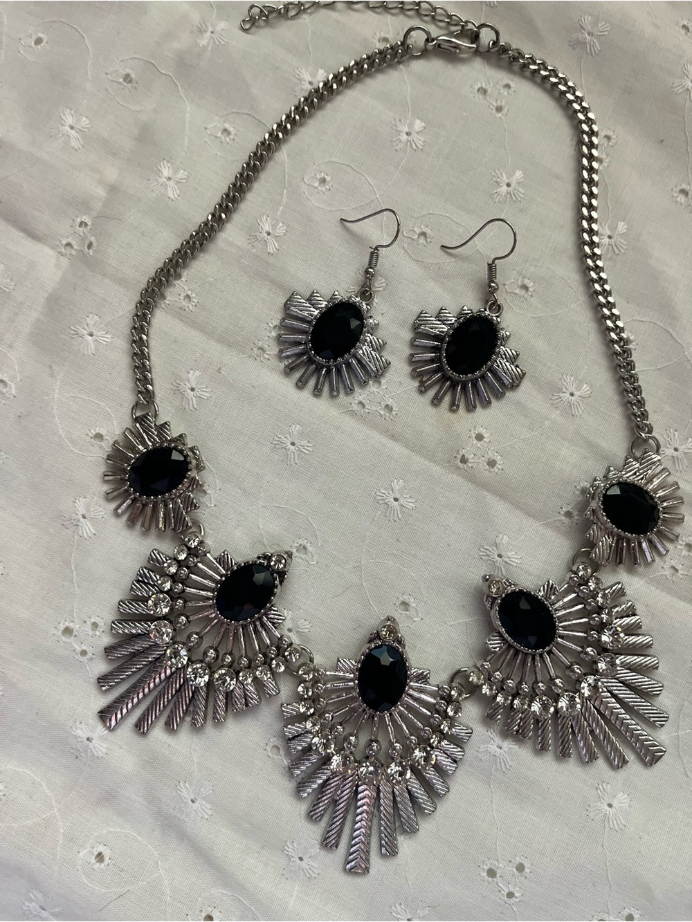 Silver-Tone Black Gem Statement Necklace & Earring Set